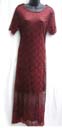 Elegant spring fashion shopping catalog retailer imports Diamond patterned, lacey dress over opaque maroon slip with short sleeves