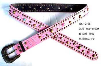 Teen accessory wear B2B trade outsourcing dealer. Pink imitation leather ladies belt with colorful rhinestones and fashion studding inlaid throughout and large black buckle   / china-wholesale-product-exporter-002